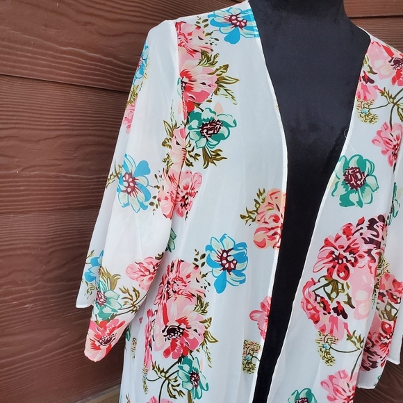 White Coral Blue Green Floral Open Front Kimono Women's Size Medium NWOT - Picture 4 of 13